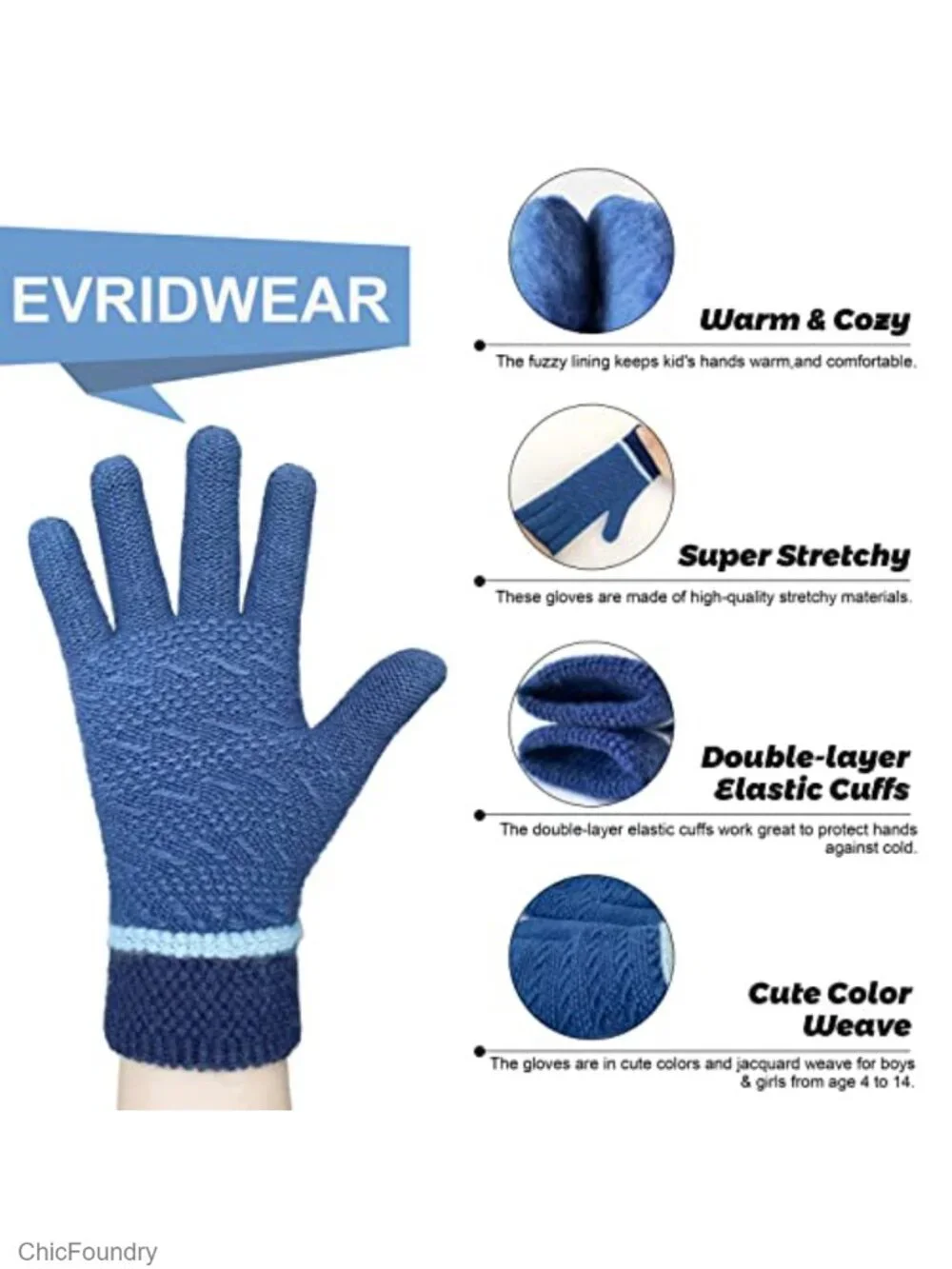 3 Pairs Knit Winter Gloves with Fleece Lining for Kids